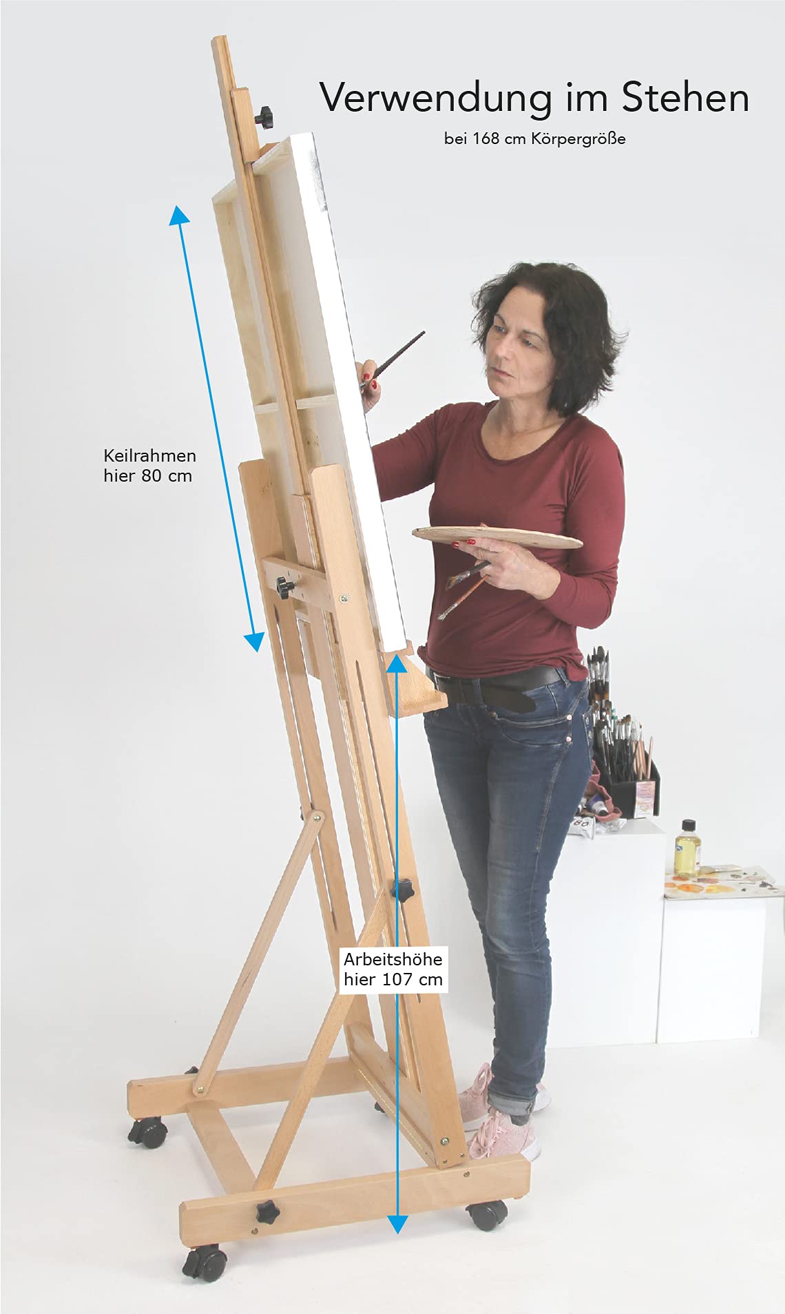 Paintersisters® Studio Staffelei 147 - für Keilrahmen bis 200 cm, mit großer Ablage für Malutensilien, Atelierstaffelei aus Buchenholz FSC®, Holzstaffelei