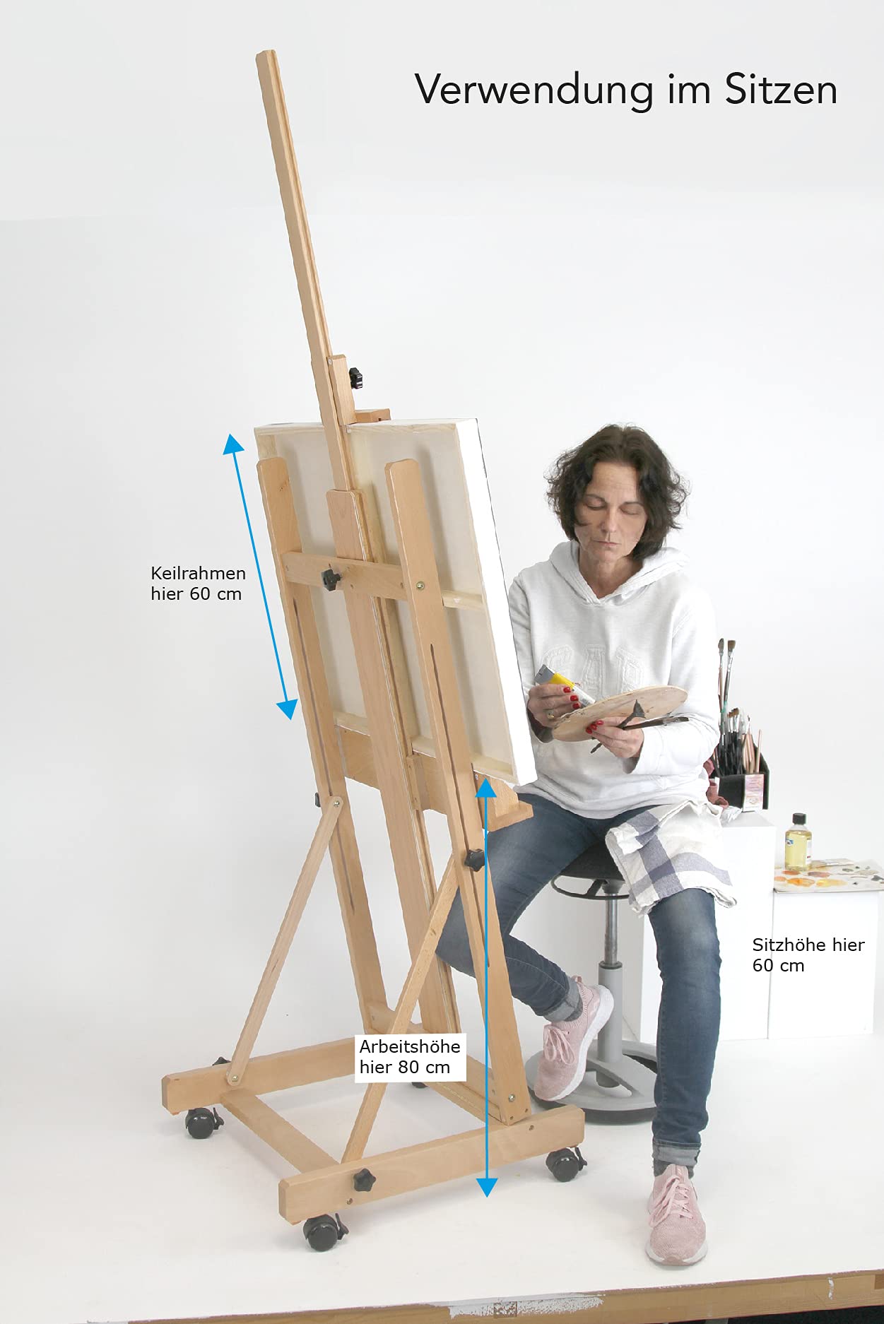 Paintersisters® Studio Staffelei 147 - für Keilrahmen bis 200 cm, mit großer Ablage für Malutensilien, Atelierstaffelei aus Buchenholz FSC®, Holzstaffelei