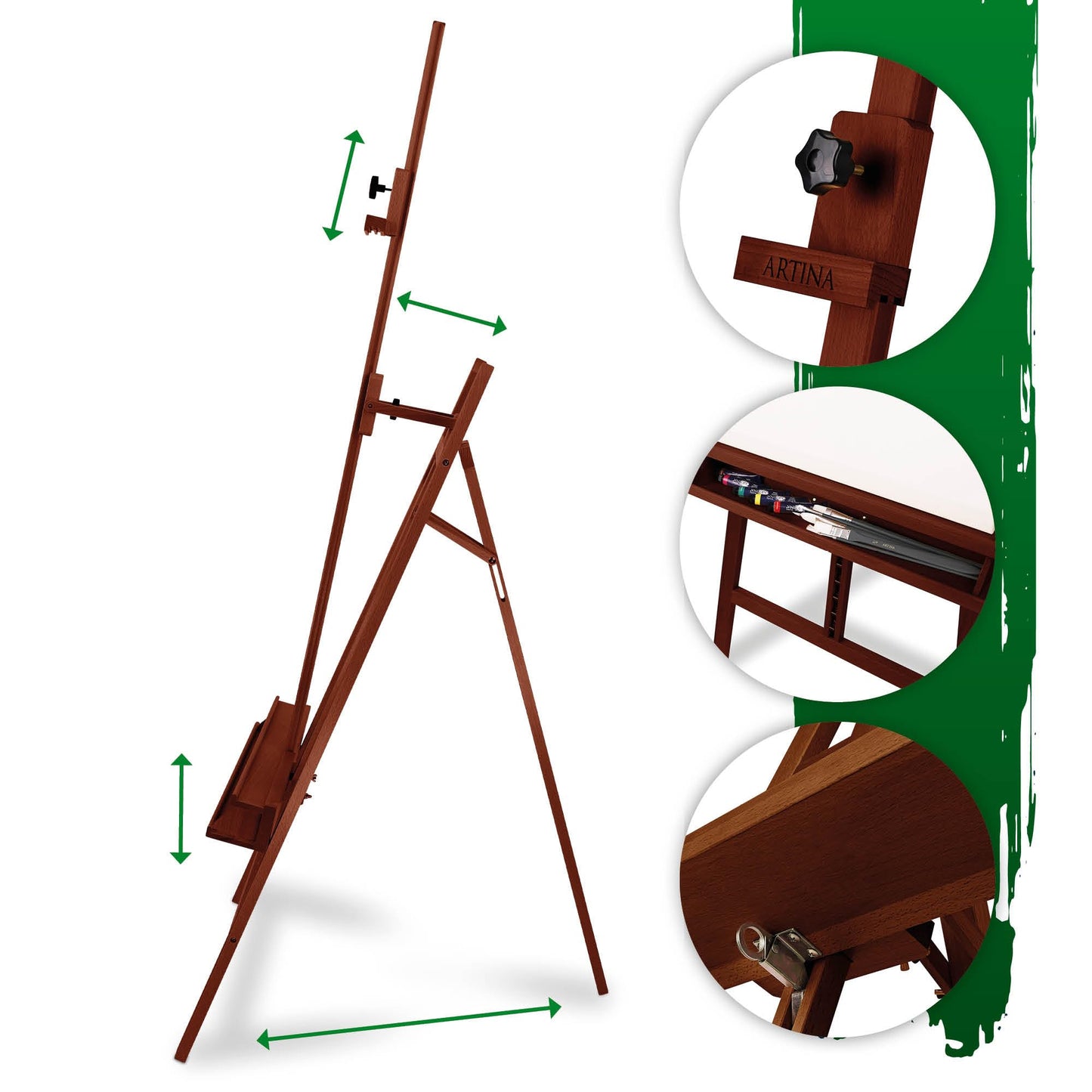 Artina Staffelei Holz Groß Barcelona – Malstaffelei für Keilrahmen bis 120cm – 225cm verstellbar FSC© Holzstaffelei zum malen klappbar Staffelei für Erwachsene, Malerei, Ausstellung Nussbaum Optik