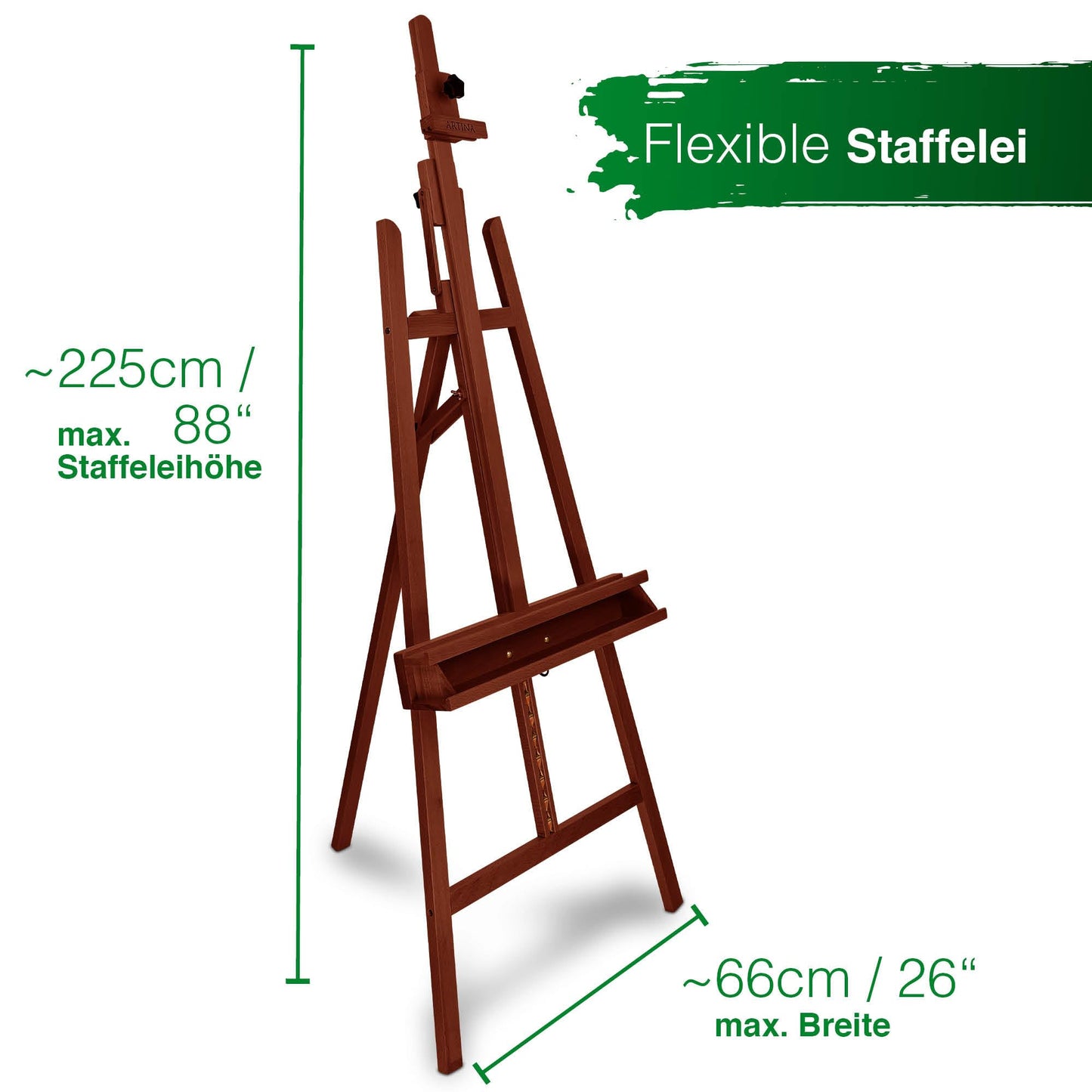 Artina Staffelei Holz Groß Barcelona – Malstaffelei für Keilrahmen bis 120cm – 225cm verstellbar FSC© Holzstaffelei zum malen klappbar Staffelei für Erwachsene, Malerei, Ausstellung Nussbaum Optik