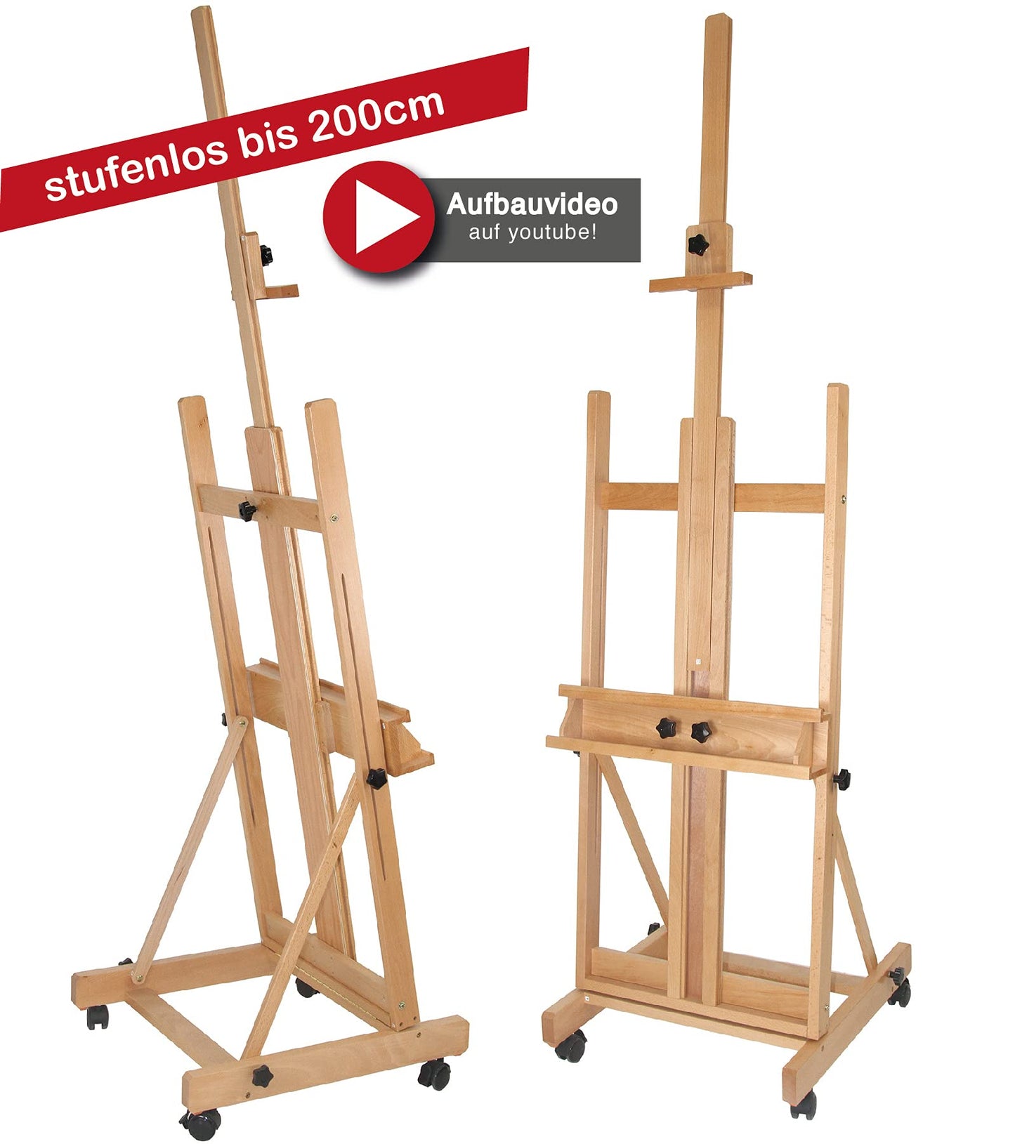 Paintersisters® Studio Staffelei 147 - für Keilrahmen bis 200 cm, mit großer Ablage für Malutensilien, Atelierstaffelei aus Buchenholz FSC®, Holzstaffelei