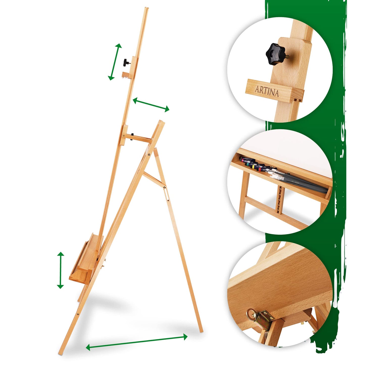 Artina Staffelei Holz Groß Barcelona – Holzstaffelei für Leinwände bis 120cm – 225cm höhe verstellbar Malstaffelei Leinwandständer klappbar Atelierstaffelei für Künstler, Hochzeit, Events Buche