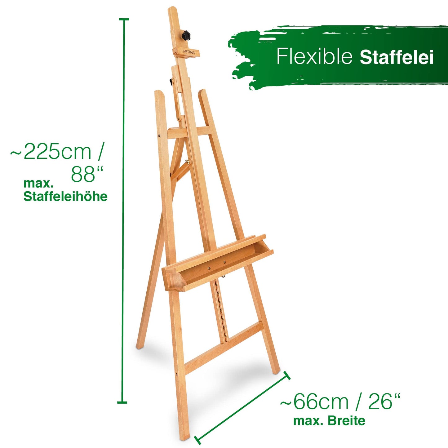 Artina Staffelei Holz Groß Barcelona – Holzstaffelei für Leinwände bis 120cm – 225cm höhe verstellbar Malstaffelei Leinwandständer klappbar Atelierstaffelei für Künstler, Hochzeit, Events Buche