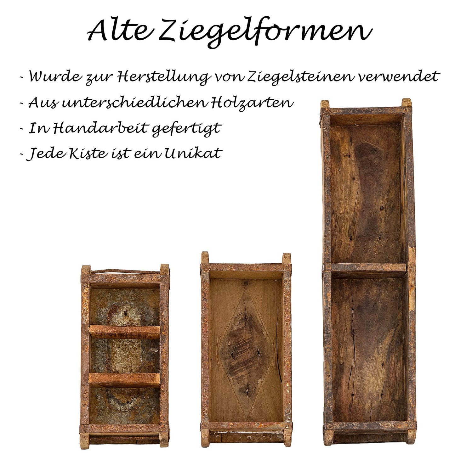 BigDean Alte Ziegelform 57x15x9,5 cm - Zweikammer - Vintage Holzkiste mit Metallbeschlägen - Echte, benutzte Form aus Indien aus Altholz gefertigt - Jedes Stück ein Unikat