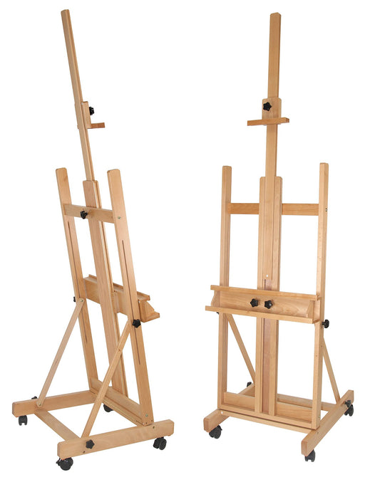 Paintersisters® Studio Staffelei 147 - für Keilrahmen bis 200 cm, mit großer Ablage für Malutensilien, Atelierstaffelei aus Buchenholz FSC®, Holzstaffelei