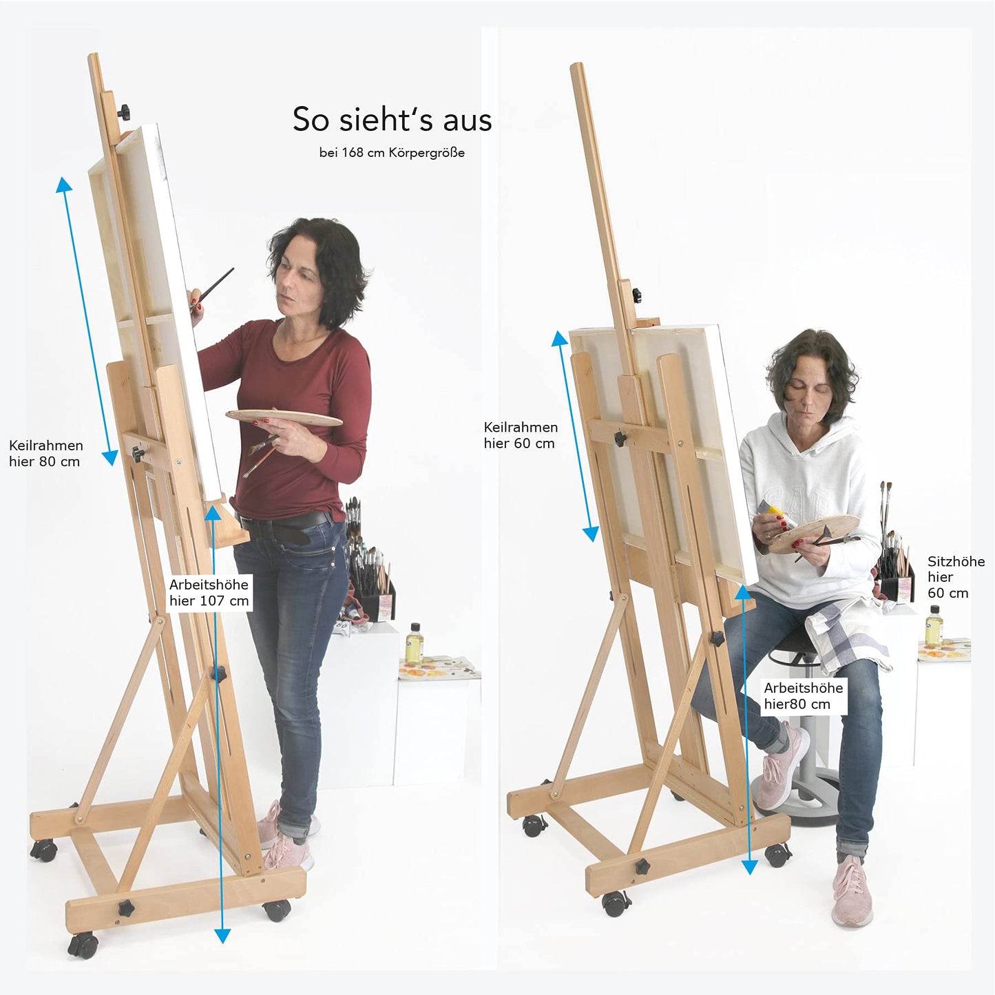 Paintersisters® Studio Staffelei 147 - für Keilrahmen bis 200 cm, mit großer Ablage für Malutensilien, Atelierstaffelei aus Buchenholz FSC®, Holzstaffelei